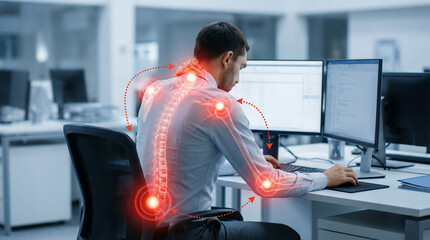 Person holding their back, neck, and shoulder while experiencing joint pain and discomfort caused by musculoskeletal conditions.