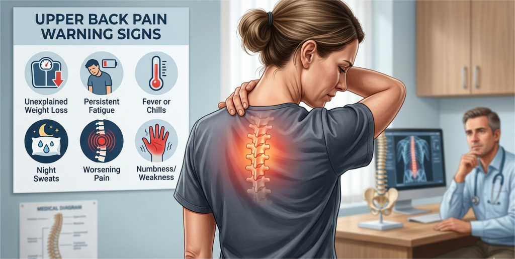 Is upper back pain a sign of cancer? Illustration showing warning signs such as weight loss, fatigue, and numbness.