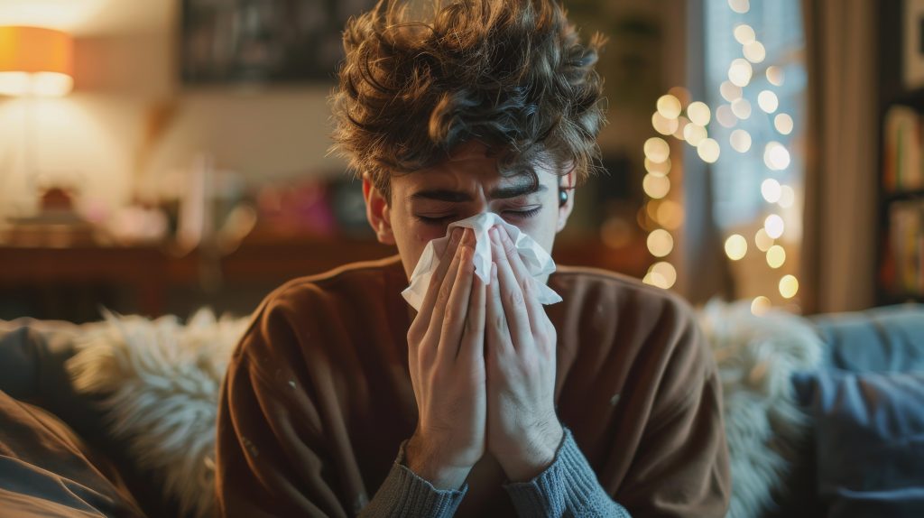 Person experiencing a burning sensation inside the nose due to allergies, dryness, or a sinus infection while gently touching the nasal area.