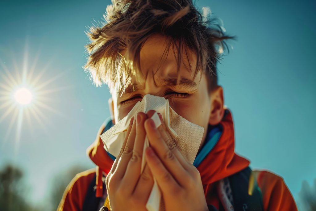 Person experiencing a burning sensation inside the nose while breathing due to allergies, dry air, sinus inflammation, or nasal irritation.