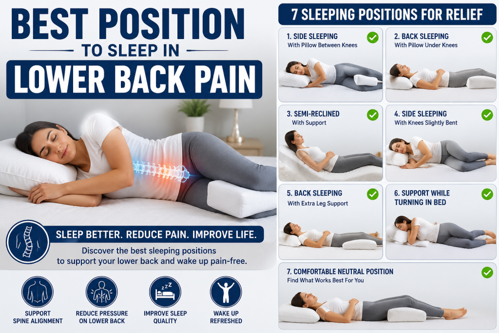 Best Position to Sleep in Lower Back Pain showing 7 sleeping positions for lower back pain relief