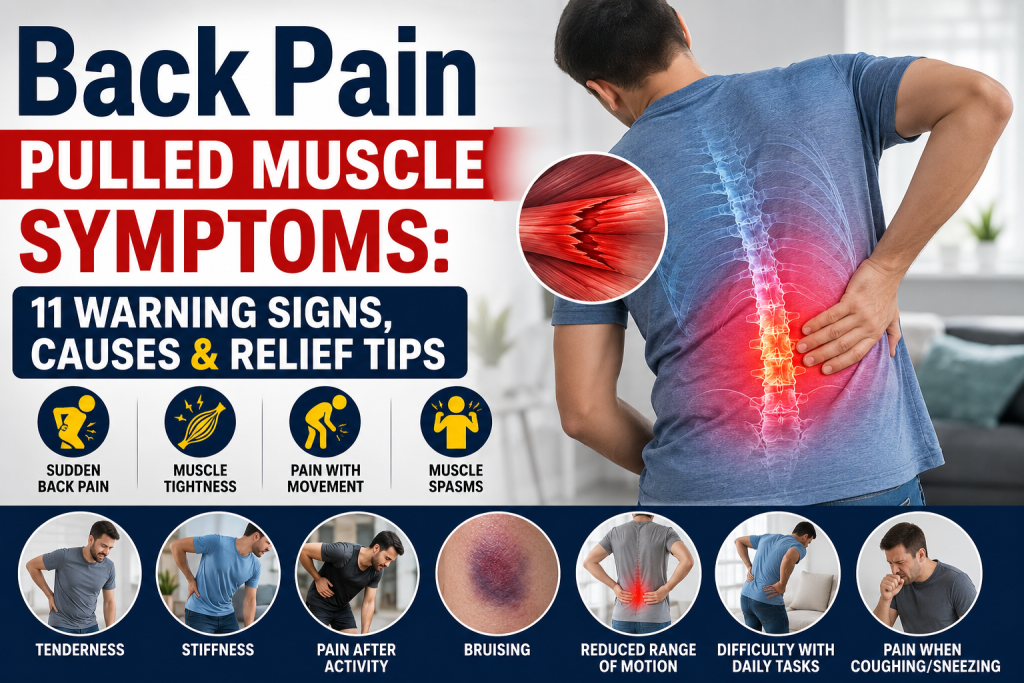 Back Pain Pulled Muscle Symptoms showing warning signs, muscle tightness, spasms, tenderness, stiffness, and limited movement