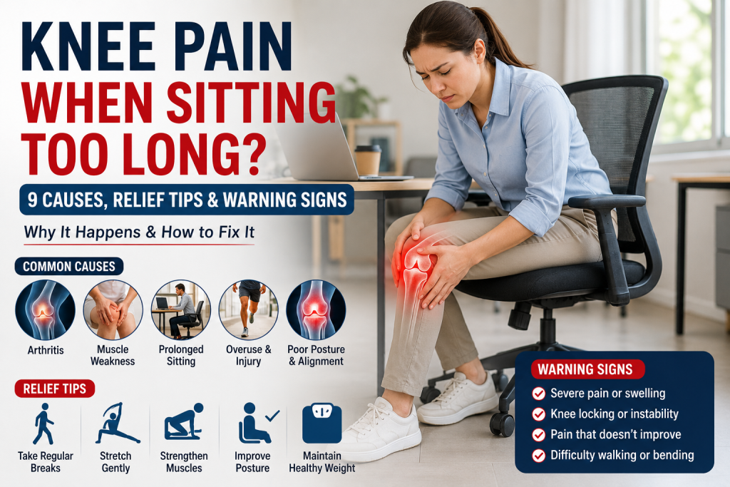 Knee pain when sitting too long with common causes and relief tips