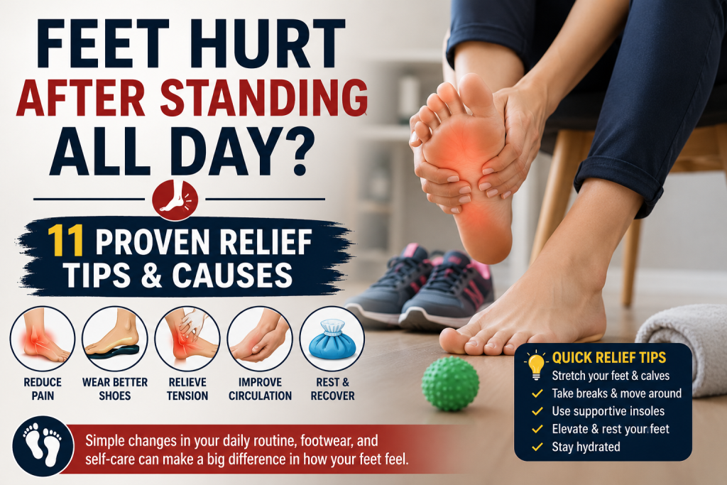 Feet hurt after standing all day with foot pain relief tips and supportive footwear