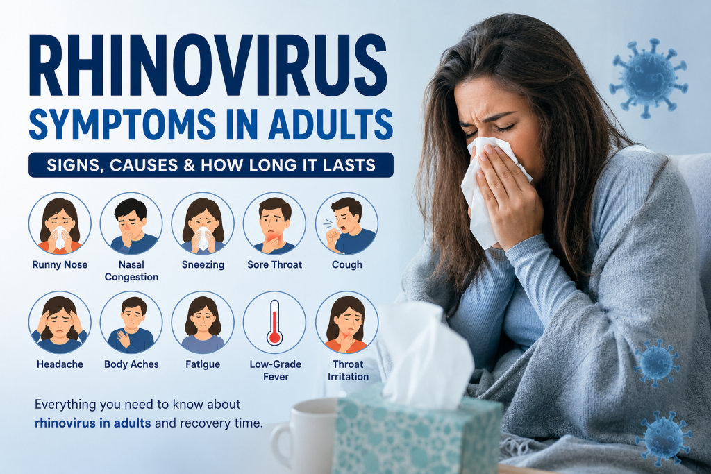 Rhinovirus symptoms in adults including runny nose, nasal congestion, sneezing, sore throat, cough, headache, fatigue and low-grade fever