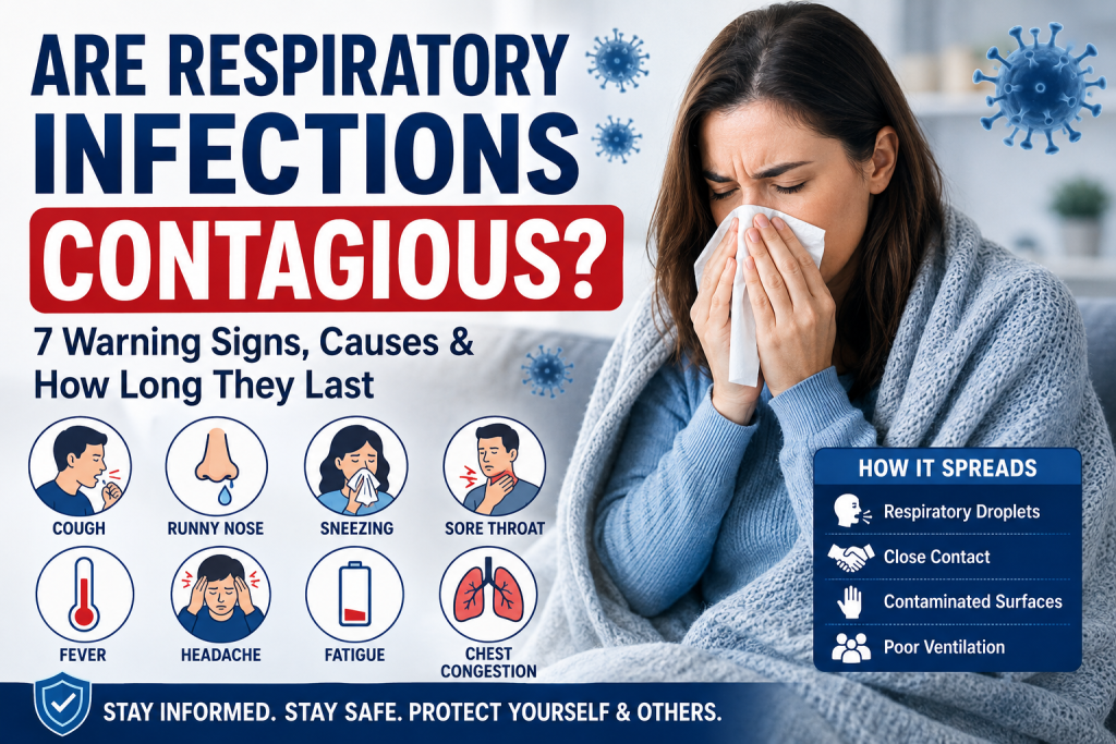 Are respiratory infections contagious, showing cough, runny nose, sneezing, sore throat, fever and how respiratory infections spread