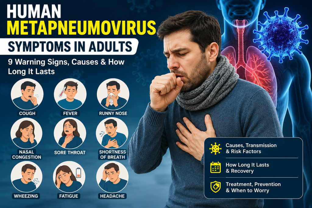 Human metapneumovirus symptoms in adults including cough, fever, runny nose, congestion, sore throat and shortness of breath