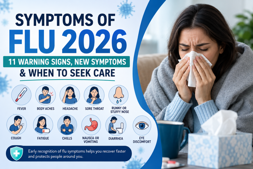Symptoms of flu 2026 including fever, cough, body aches, headache, sore throat and fatigue