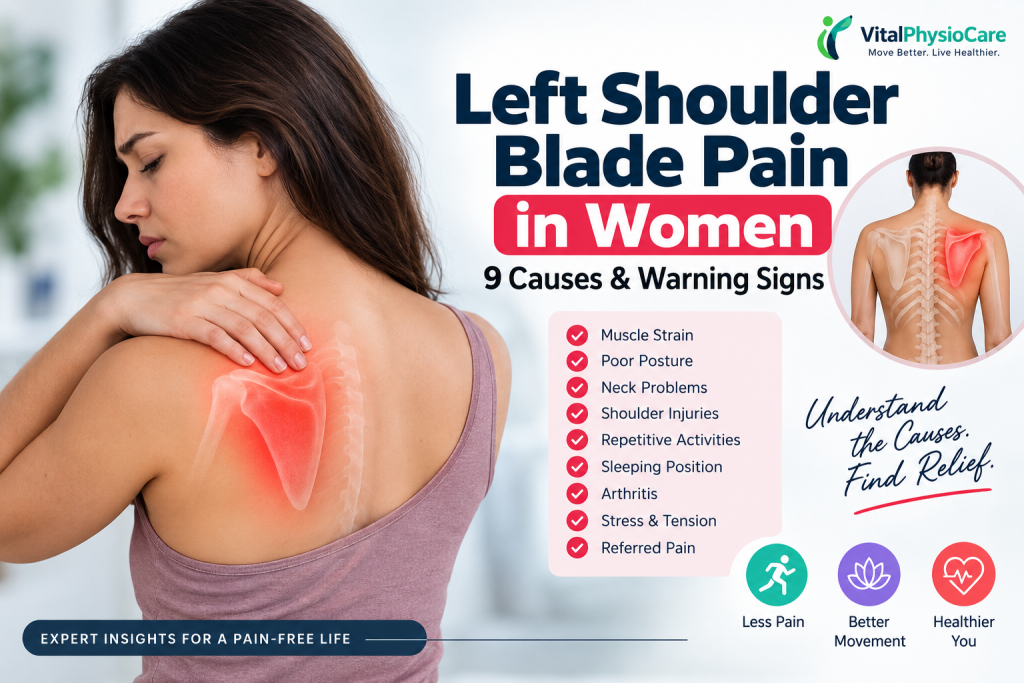 Left shoulder blade pain in women showing common causes and warning signs