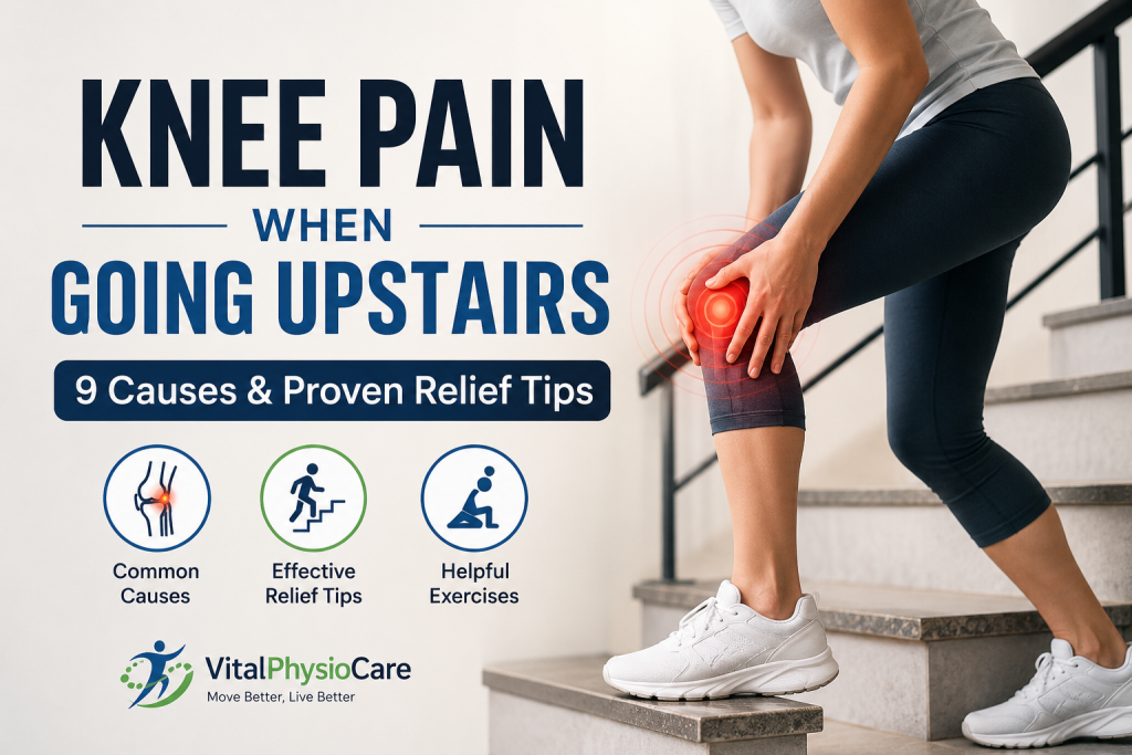 Woman experiencing knee pain when going upstairs