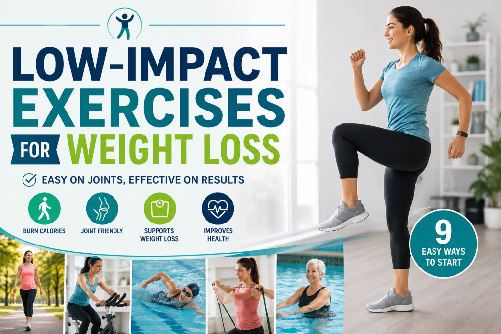 Low-impact exercises for weight loss including walking, cycling, swimming, and strength training