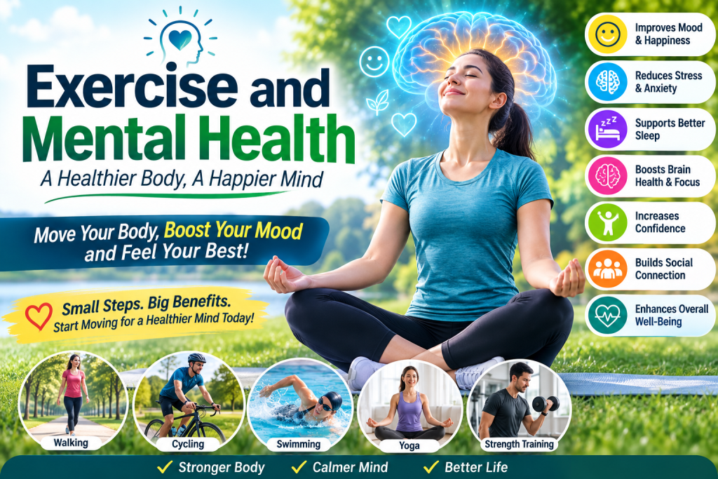 Exercise and mental health benefits including walking, cycling, swimming, yoga, and strength training