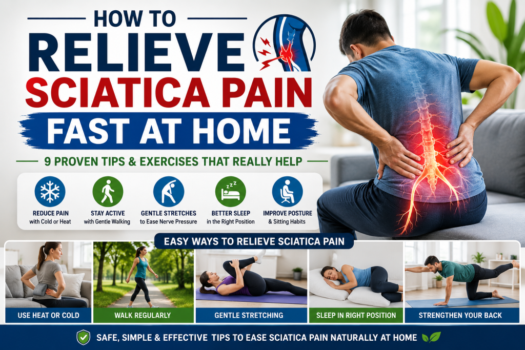 How to relieve sciatica pain fast at home with gentle stretching, walking, and heat or cold therapy