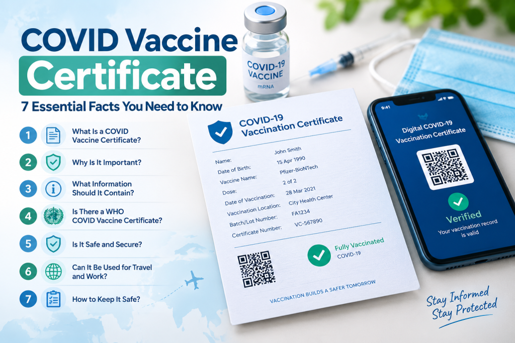 COVID Vaccine Certificate showing vaccination details and digital health record