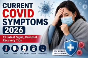 Current COVID Symptoms 2026 featured image showing a person wearing a face mask with common COVID-19 symptoms including fever, cough, sore throat, fatigue, and runny nose.