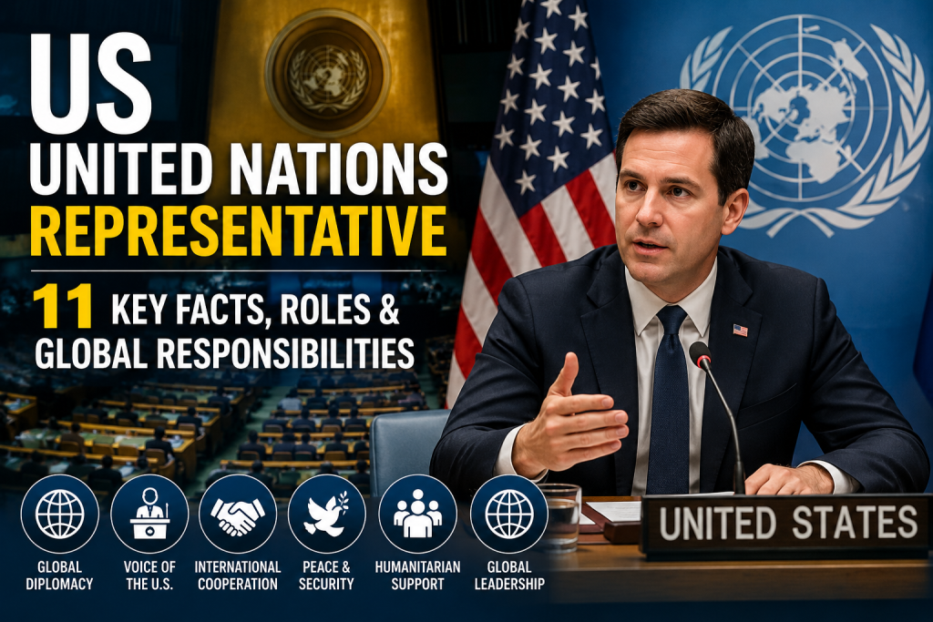 US United Nations Representative featured image showing a U.S. diplomat speaking at the United Nations with the UN emblem and U.S. flag representing global diplomacy.