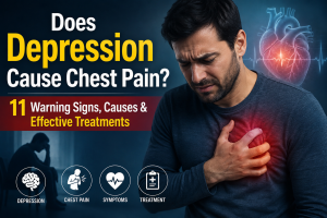 Does Depression Cause Chest Pain featured image showing a person holding their chest with depression and heart health concepts illustrating emotional stress and chest pain.