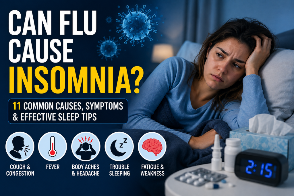 Can Flu Cause Insomnia featured image showing a person with flu symptoms lying awake at night, highlighting fever, cough, congestion, and sleep problems.