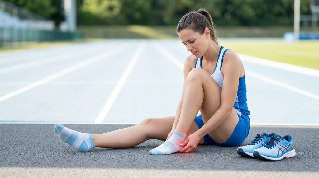 Runner experiencing heel pain after running while holding their heel