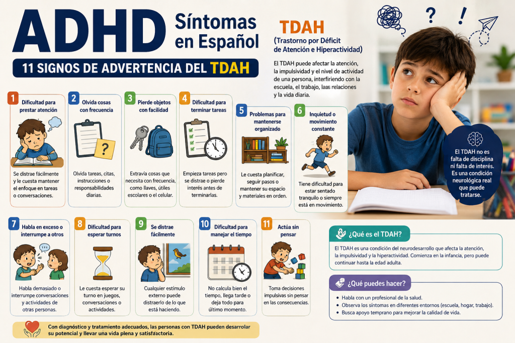 ADHD symptoms in Spanish showing 11 warning signs of TDAH