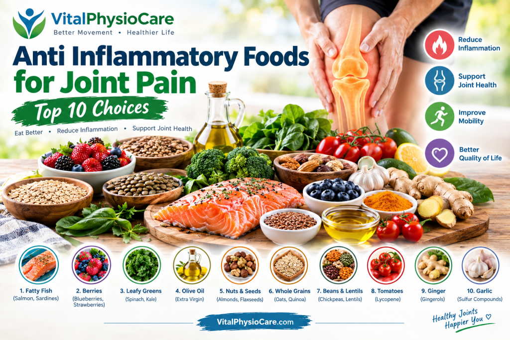Anti Inflammatory Foods for Joint Pain including salmon, berries, leafy greens, olive oil, nuts, and ginger.
