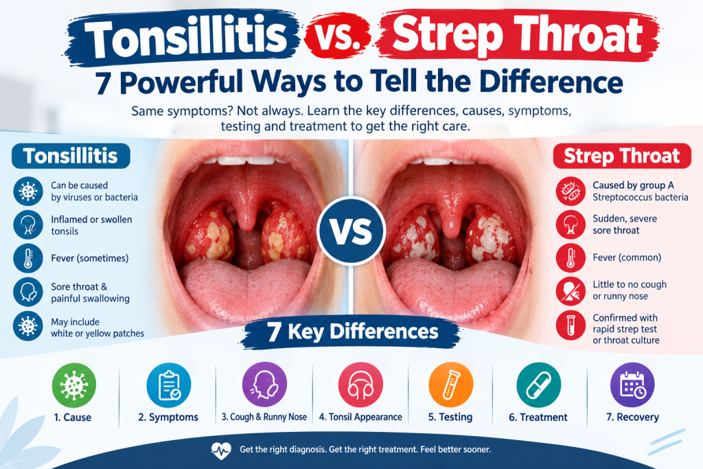 strep throat vs tonsillitis comparison showing swollen tonsils