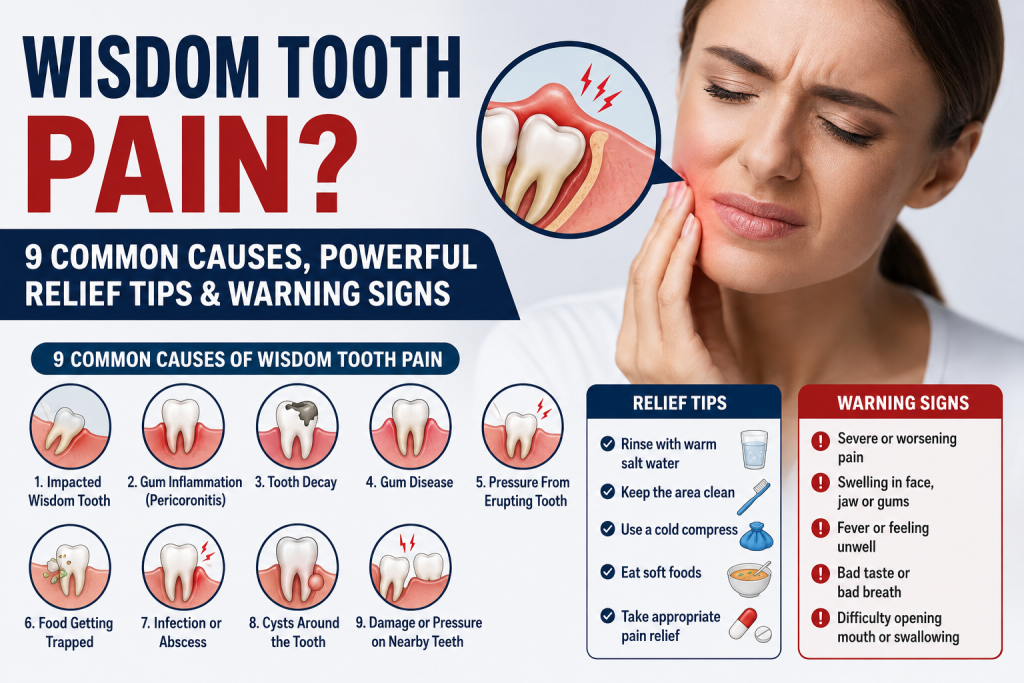 Wisdom tooth pain showing common causes, relief tips, and warning signs