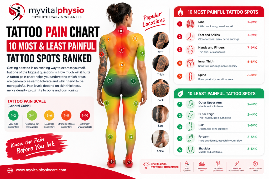 Tattoo pain chart showing the most and least painful tattoo spots