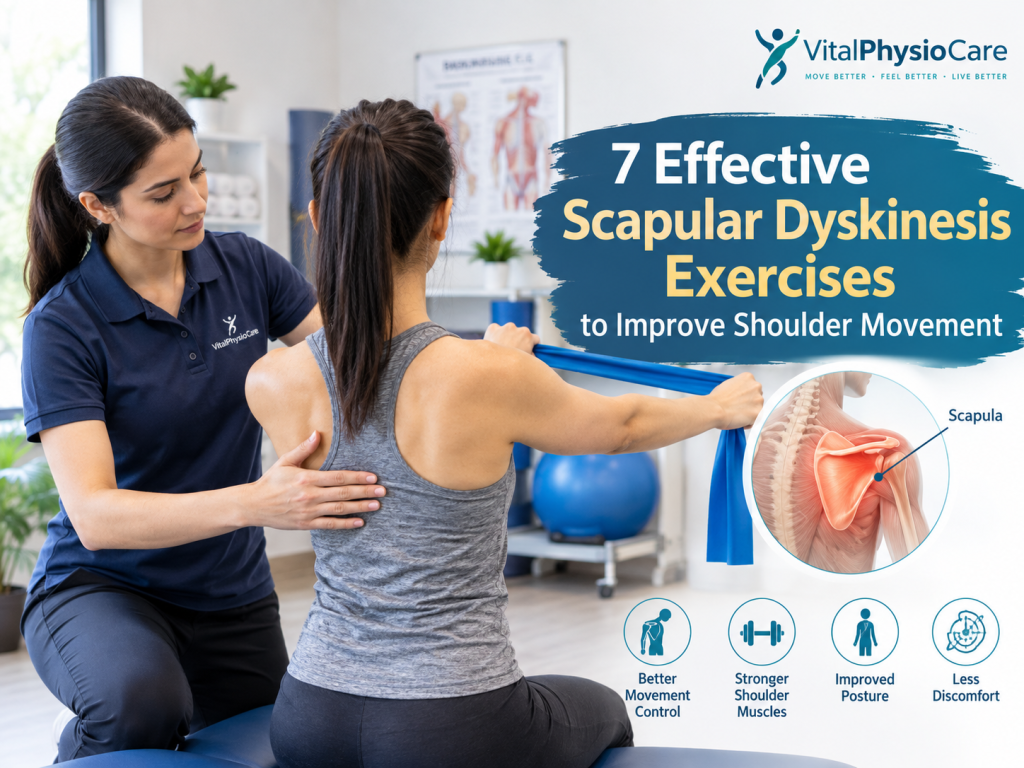 Physiotherapist demonstrating scapular dyskinesis exercises to improve shoulder blade movement and control.
