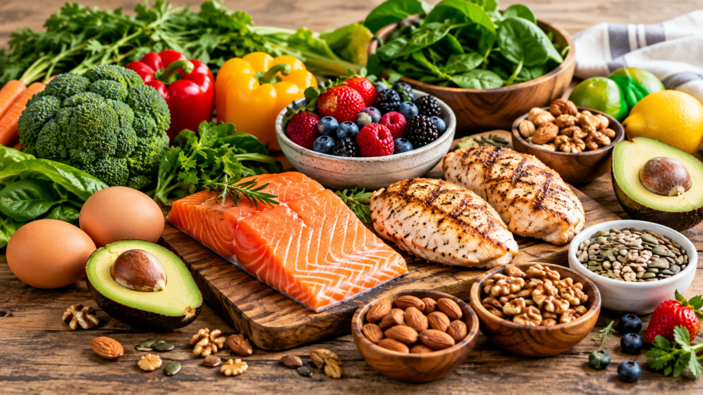 Paleo diet foods including vegetables, fruit, salmon, eggs, nuts and lean meat